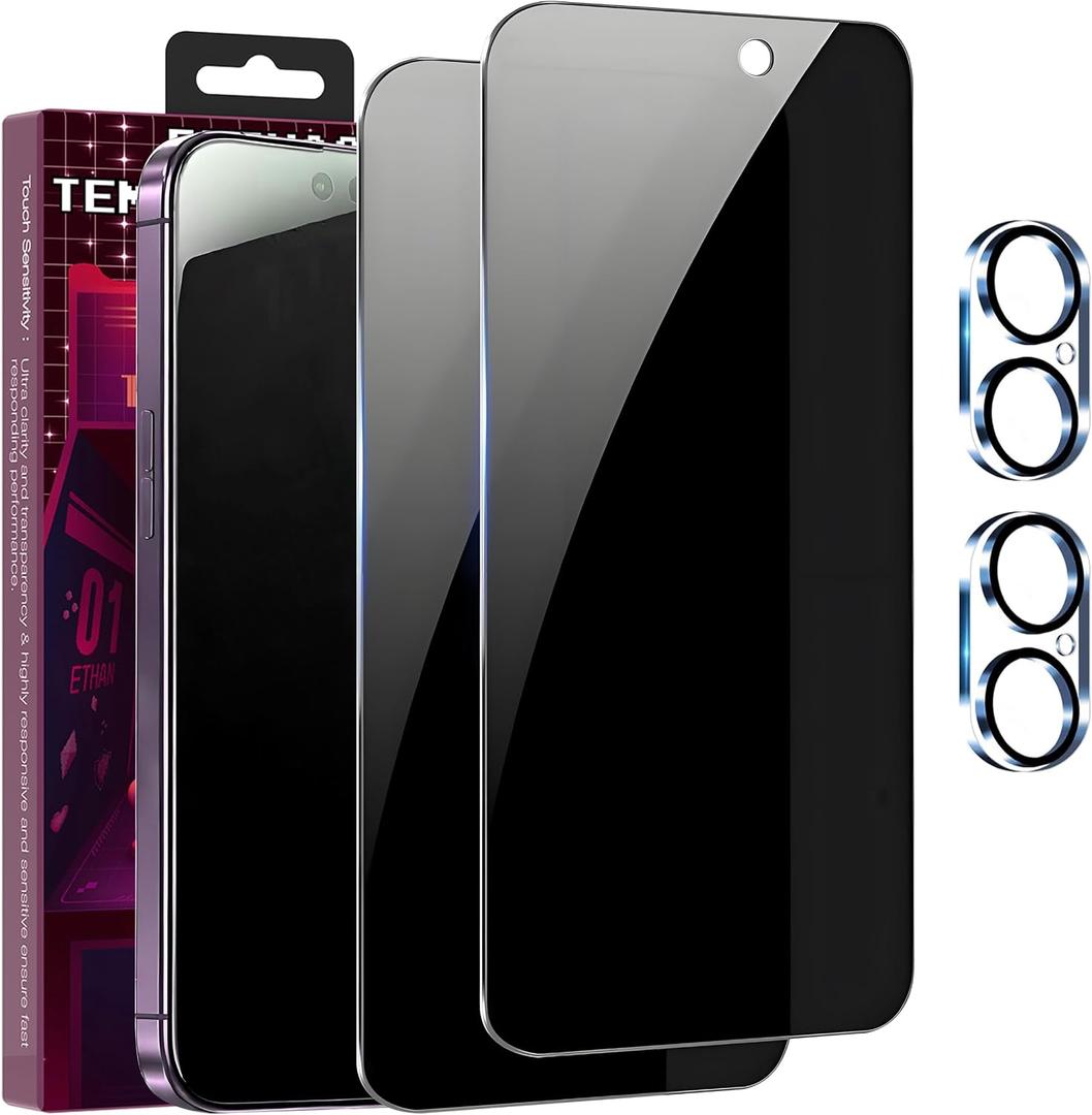 2+2 Pack for iPhone 16 Privacy Screen Protector with Camera Lens Protector，9H Tempered Glass，True25°Anti Spy， Full Coverage Case Friendly
