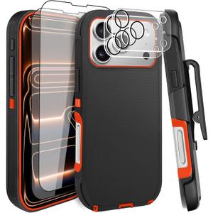 for iPhone 17 Pro Max Case 6.9" with Belt Clip Holster Kickstand, 2 Screen Protector & 2 Camera Lens Protector, Heavy Duty Full Protection Phone Case Cover(Belt Clip,Black+Orange)