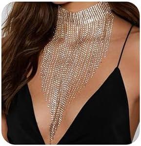 Xerling Extra Long Rhinestones Tassel Choker Necklaces for Women Boho Fringe Chains Multi-row Rhinestones Long Wedding Necklaces Statement Bridal Bib Collar Necklaces (Silver)