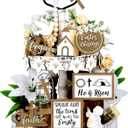 FairySandy 15 Piece Easter Tiered Tray Decor Set He is Risen Jesus Wood Sign Farmhouse Rustic Religious Tiered Tray Ornament Wood Table Centerpieces with Christian Cross Sign Easter Decor