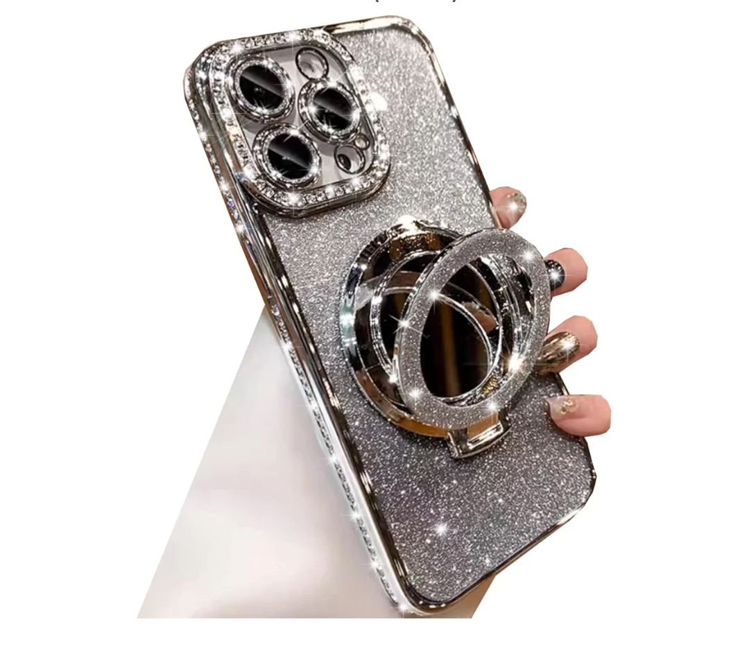 Magnetic Kickstand Glitter Case for iPhone 14 Pro Max,[Compatible with Magsafe] Bling Sparkly Rhinestones with Camera Protector & Makeup Mirror Women Girls Case for iPhone 14 Pro Max (Silver)