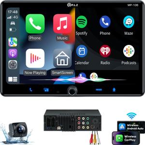 PLZ Single Din Car Stereo Wireless Apple Carplay Android Auto Radio, 10.1" Car Play Touch Screen, Bluetooth 5.3 Car Audio Receiver, 4.2 Channel 240W, Subwoofers, Backup Camera, Navigation, FM/AM, SWC