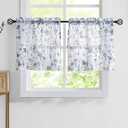 Fragrantex Blue and Grey Floral Small Window Curtains for Bathroom Kitchen Curtains 24 inch Length Print Flower Sheer Cafe Curtain Window Treatment Set for Bathroom,28" W x 24" L 2 Panels Rod Pocket