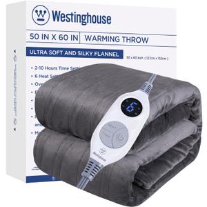 Westinghouse Electric Blanket Heated Throw, Super Cozy Soft Flannel 50" x 60" Heated Throw with 6 Fast Heating Levels & 2-10 Auto-Off, Machine Washable, ETL&FCC Certification, Home Office Use, Grey (Charcoal)