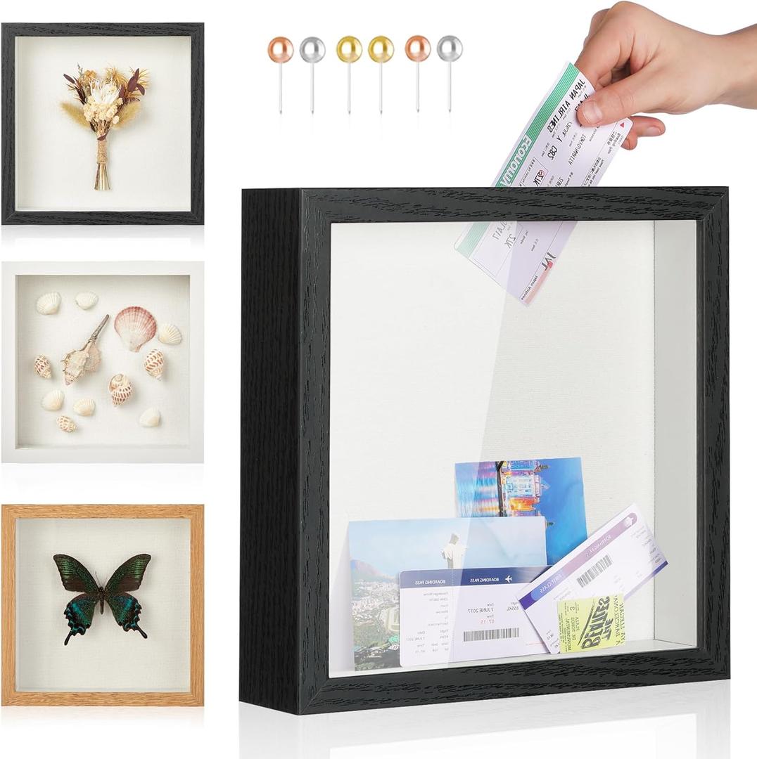 Travel Adventure Challenge Archive Shadow Box Picture Frame with Slot,12x12 Travel Ticket Card Memory Box for Keepsake Box, Top Loading Shadow Box Display Case Travel Decor Gift (Black,12x12)