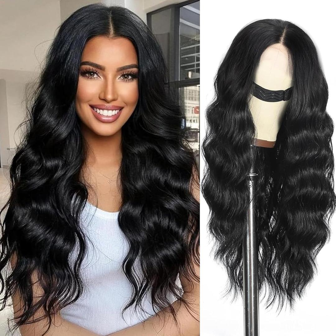 SCENTW Glueless Wigs Black Wig for Women Hand-Tied Lace Synthetic Lace Front Wig Long Wavy with Natural Hairline Middle Part Synthetic wig for Daily Party Beginners (26 Inch)