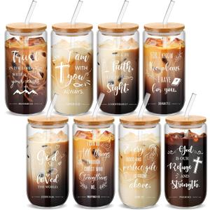 Skylety 8 Sets Christian Glass Cups with Lids and Straws Brushes 16 oz Iced Coffee Cups Inspirational Water Bottle Christian Tumbler Drinking for Women Men Coworkers