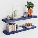 23.6 Inch Natural Wood Rustic Decor Shelf, Hanging Mounted Invisible Bracket, Set of 2, Navy Blue