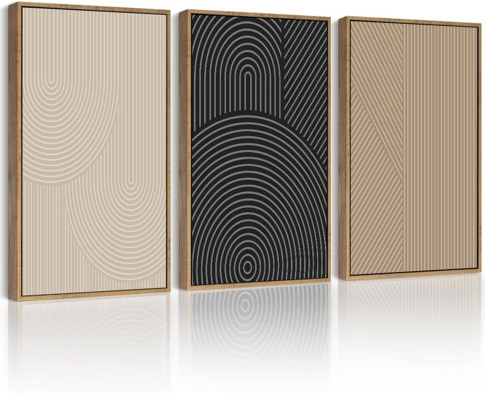 Drsoum Mid-Century Modern Framed Wall Art Minimalist Abstract Boho Neutral Line Wall Decor Geometric Artwork Kitchen Dining Room 11x14in Natural Framed