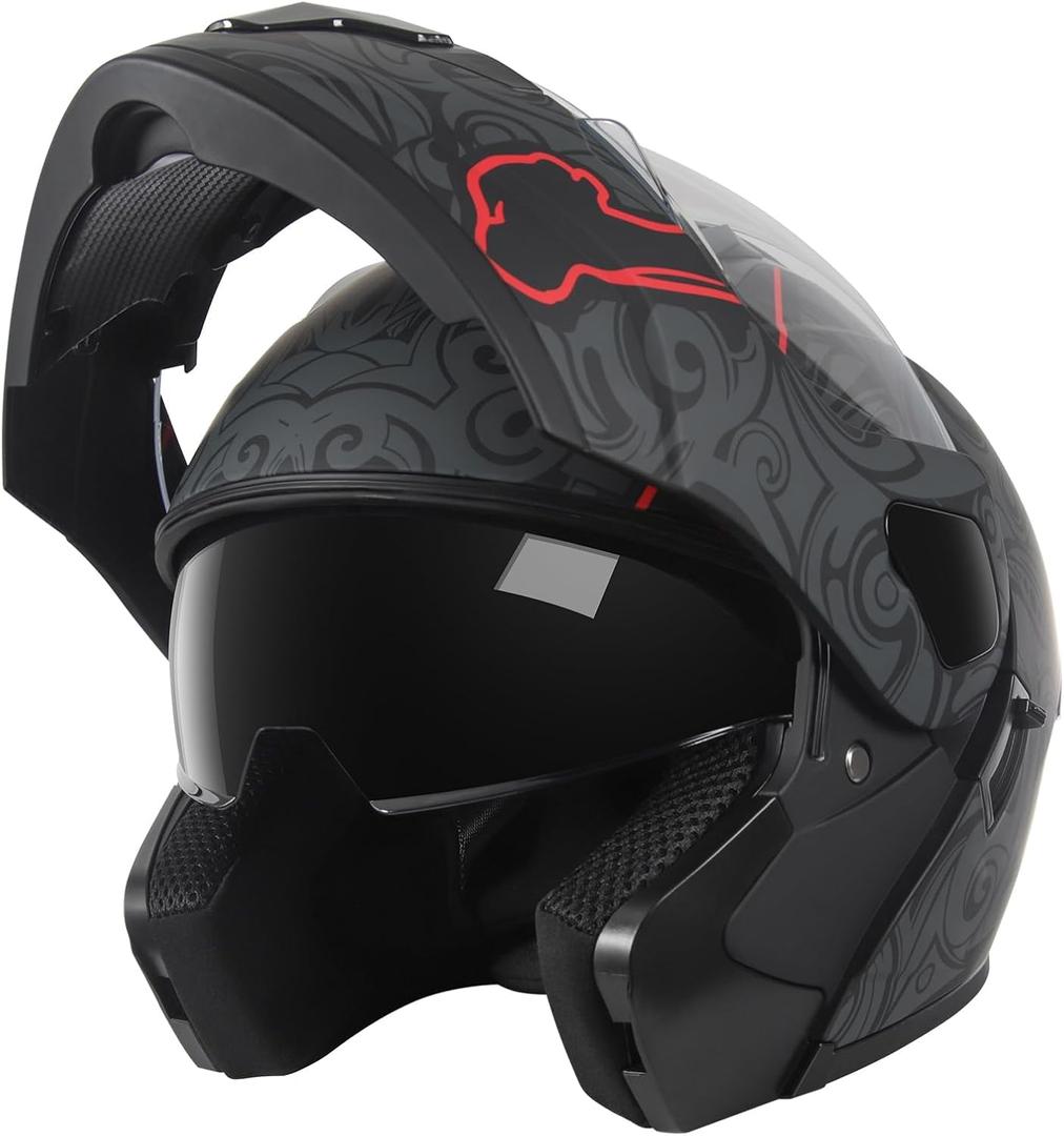 SPARK DOT Approved Modular Flip-Up Dual Visor Motorcycle Full Face Helmet for Adults Men & Women (Skull, X-Large)