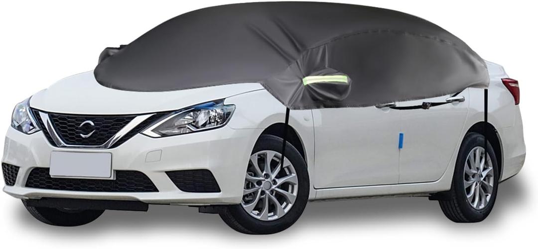 Bilisin Half Car Cover for Sedan, Outdoor Heavy Duty 250D Fabric Sun Protection Cover Car Windshield Snow Covers, Waterproof Car Cover All Weather Universal Fit for Most Sedan CarBlack