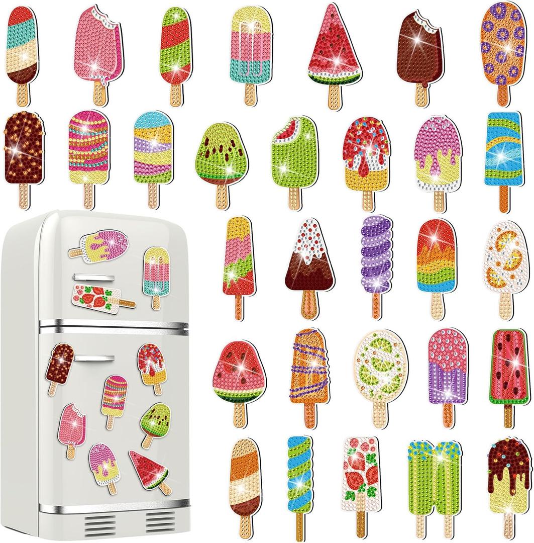 Remuuly 30 Pcs Diamond Painting Magnets Summer Diamond Art Magnet Kits for Adults Spring Flower Animal Cupcake 5D Rhinestones Refrigerator Magnetic Stickers for Fridge DIY Crafts Gifts(Ice Cream)