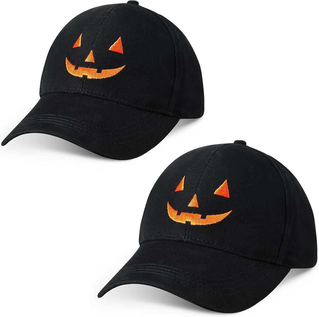 2 Pieces Halloween Baseball Hat Halloween Pumpkin Face Baseball Hat Adjustable Embroidery Baseball Cap Unisex (One Size, Black)