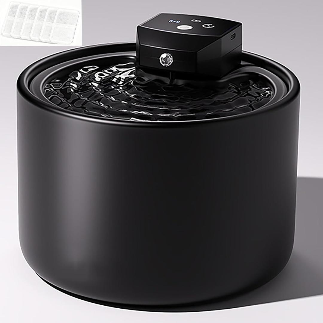 Cordless Ceramic Cat Water Fountain 101.45oz/3L with 7 Filter Automatic Super Silent Intelligent Sensor Pet Drinking Dispenser with 2500mAh Battery Dog Water Bowl Dispenser - for Pets Indoor(Black)