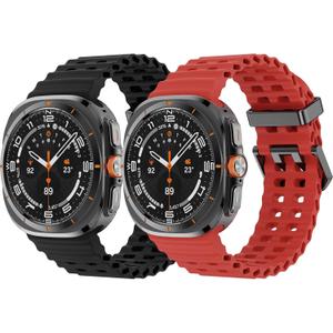 2 Pack Ocean Bands Compatible with Samsung Galaxy Watch Ultra 47mm (2025/2024) Women Men, Adjustable Breathable Silicone Strap for Galaxy Watch Ultra Bands (Black/Red)