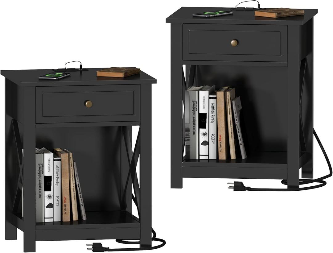 Treocho Black End Table Set of 2,Nightstand with Charging Station, X-Design Side Table with 2 AC and USB Power Outlets, Small Night Stand with Storage Drawer and Open Shelf for Living Room