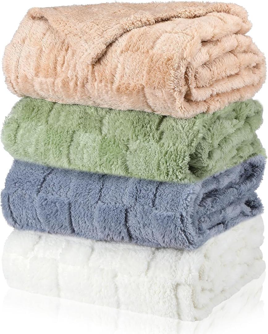 Buryeah 4 Pcs Flannel Fleece Throw Blanket for Bed Couch Large 3D Checkered Soft Throw Blanket Winter Warm Lightweight No Shedding No Pilling Neutral Boho Decor, 50 x 60 Inch