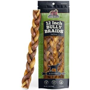 Redbarn Pet Products All-Natural 12" Braided Bully Sticks for Dogs - Premium Slow Roasted Long Lasting Chew Treats Made with 100% Beef - Single Ingredient Low Odor - 5 Count - Packaging May Vary