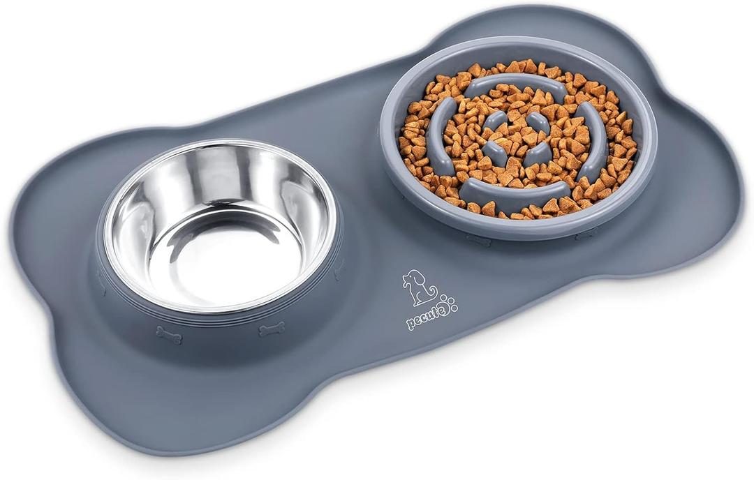 Pecute Slow Feeder Dog Bowls to Slow Down Eating, Dog Bowl Slow Feeder with No-Spill Non-Skid Silicone Mat, Food-Grade Safe Dog Food Bowls Slow Feeder, Stainless Steel Dog Water Bowl for Dogs Cats (Medium-1 Cup/13.5 oz each, Grey)
