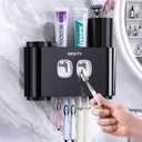 Toothbrush Holder,Multi-Functional Wall Mounted Toothbrush Holder,Toothpaste Dispenser for Bathroom with 2 Toothpaste Squeezers,5 Toothbrush Slots and 4 Cups(Black)