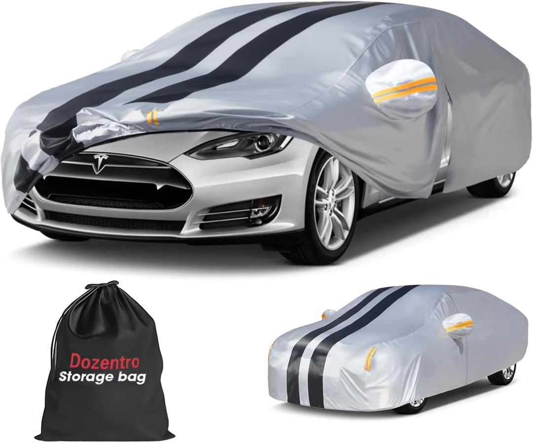 Multi-Layer Car Cover Custom Fit for Tesla Model S(2012-2026), 100% Waterproof All Weather for Automobiles, Gift with Towel, Heavy Duty Car Covers for Rain Sun UV Protection with Door Zipper