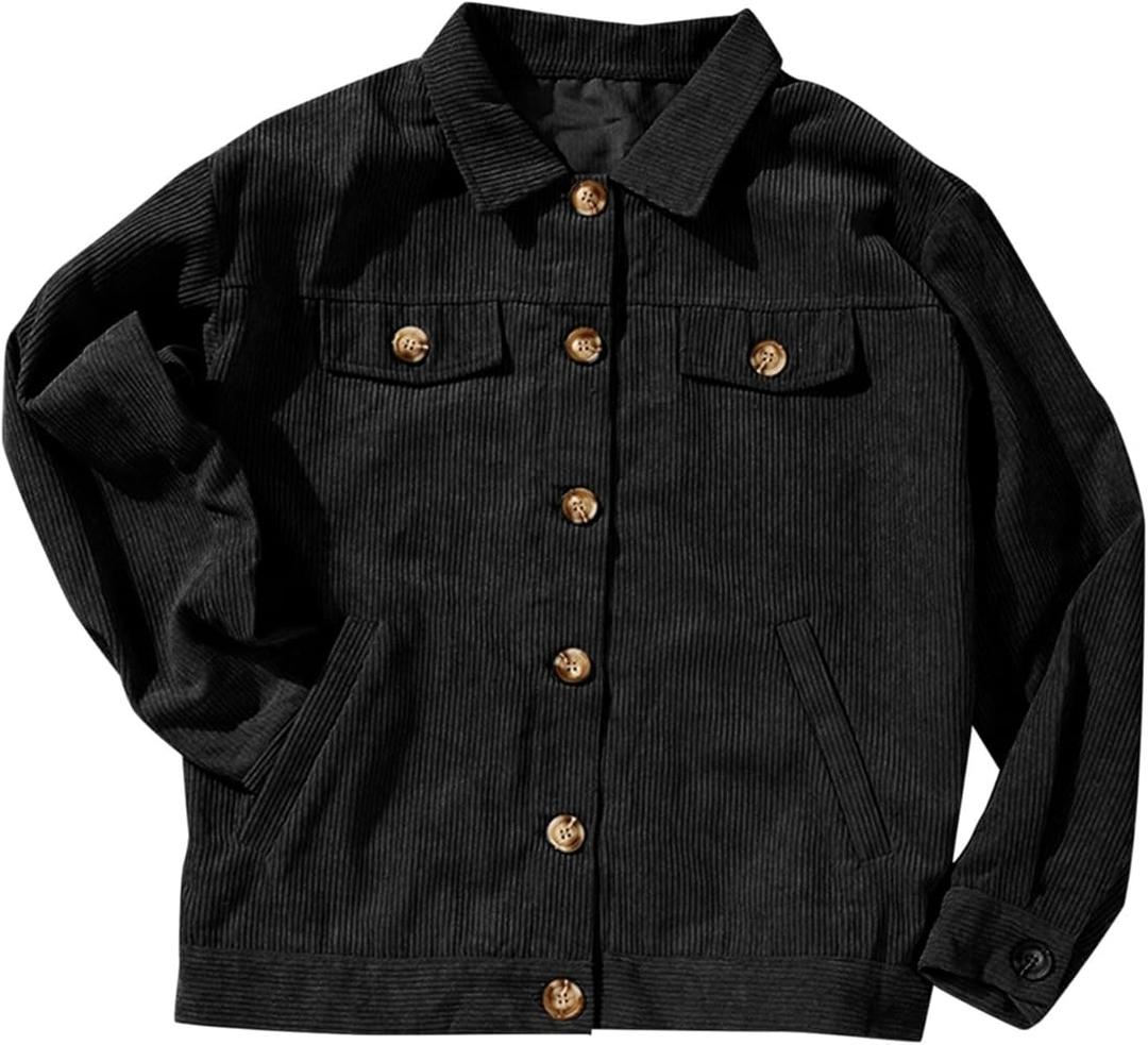 Fashion Women Corduroy Jacket Turn Down Long Sleeve Pockets Button ,Size M, Black Jacket