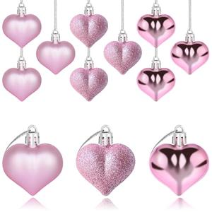Yuronam 12 PCS Heart Ornaments 3 Different Finishes Heart Shaped Hanging Ornaments for Valentine’s Day Wedding Christmas Tree Mother's Day Anniversary Party Decoration (Pink)