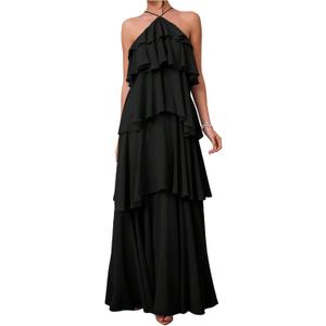 SOLY HUX Women's Sundresses Ruffle Layered Halter Flowy Maxi Dress Elegant Wedding Guest Dresses (Plain Black, Small)
