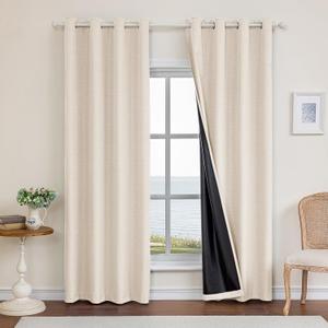 CYCMACO Linen 100% Blackout Curtains for Bedroom, Black Out Curtains 96 Inch Long, Room Darkening Curtains for Living Room, Long Curtain Grommets Drapes, Thermal Curtains(2 Panels, Beige)