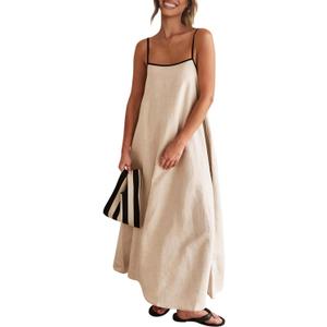 Senllen Women's Linen Dress Summer Loose Flowy Sundress Contrast Spaghetti Strap Sleeveless Backless Beach Maxi Long Dresses (Large, Flaxen)
