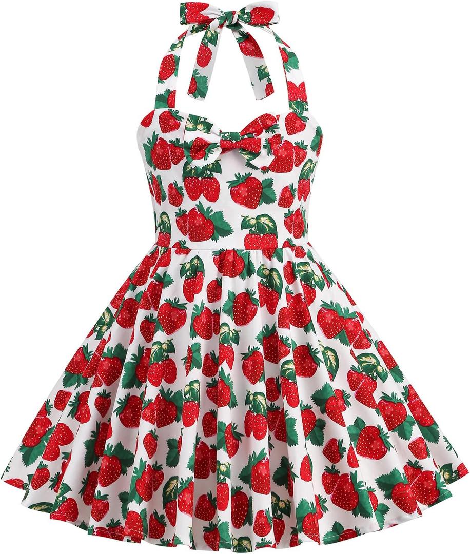Vintage 1950s Dress Pattern Flower Girl Retro 1950s Dresses Kids A line Swing Gown Girls Halter Dress Casual Sundress for Casual Summer Party Dresses School Dance Red Strawberry, 7-8 Years