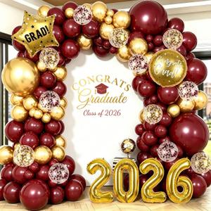2026 Graduation Balloon Arch Garland Kit, Burgundy and Gold Balloon Arch Class of 2026 Party Decorations with 32" 2026 Foil Balloons for College High School Congrats Grad Party Supplies