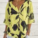 Womens 3/4 Length Sleeve Tops Dressy Casual V Neck Boho Floral Print Summer Blouses Shirts (Yellow, S)