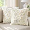 EMEMA Cream Floral Tufted Throw Pillow Covers, Set of 2 Soft Textured Decorative 18x18 Cushion Cases Bringing a Light, Cozy Layer to Sofa, Couch, Bedroom or Modern Farmhouse Living Room Dcor