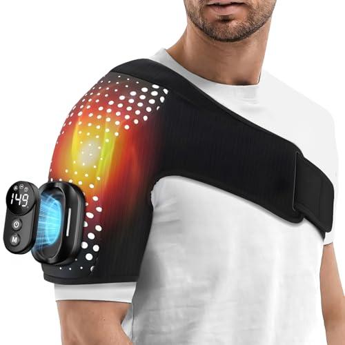 Cordless Shoulder Heating Pad with Massager, with Detachable Remote,Shoulder Massage Wrap with 6 Heating Levels 5 Vibration Modes, Rotator Massager for Pain Relief,for Men & Women