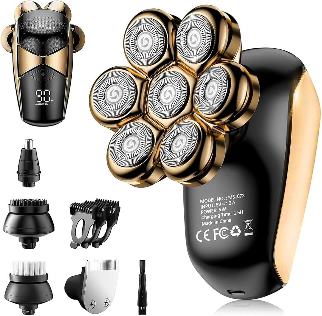 SHPAVVER Head Shavers for Bald Men: 5-in-1 Upgraded Electric Razor - IPX7 Waterproof Shaving Grooming Kit for Balder - Turbo Speed & Precision Blades (Ink Gold)