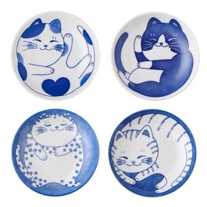 VanEnjoy Small Cute Ceramic Dishware Sets, Kawaii Cat Plates, Blue Shushi Plate Set Of 4, Japanese Plates, Dessert Plates Ceramic