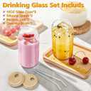 sungwoo 2PCS Glass Cups with Bamboo Lids and Straws, 16OZ Ice Coffee Cup, Drinking Cup set with Wooden Lids, Home Essential Glass Tumblers for Beer, Cocktail, Tea and Latte Clear, 2 Pack