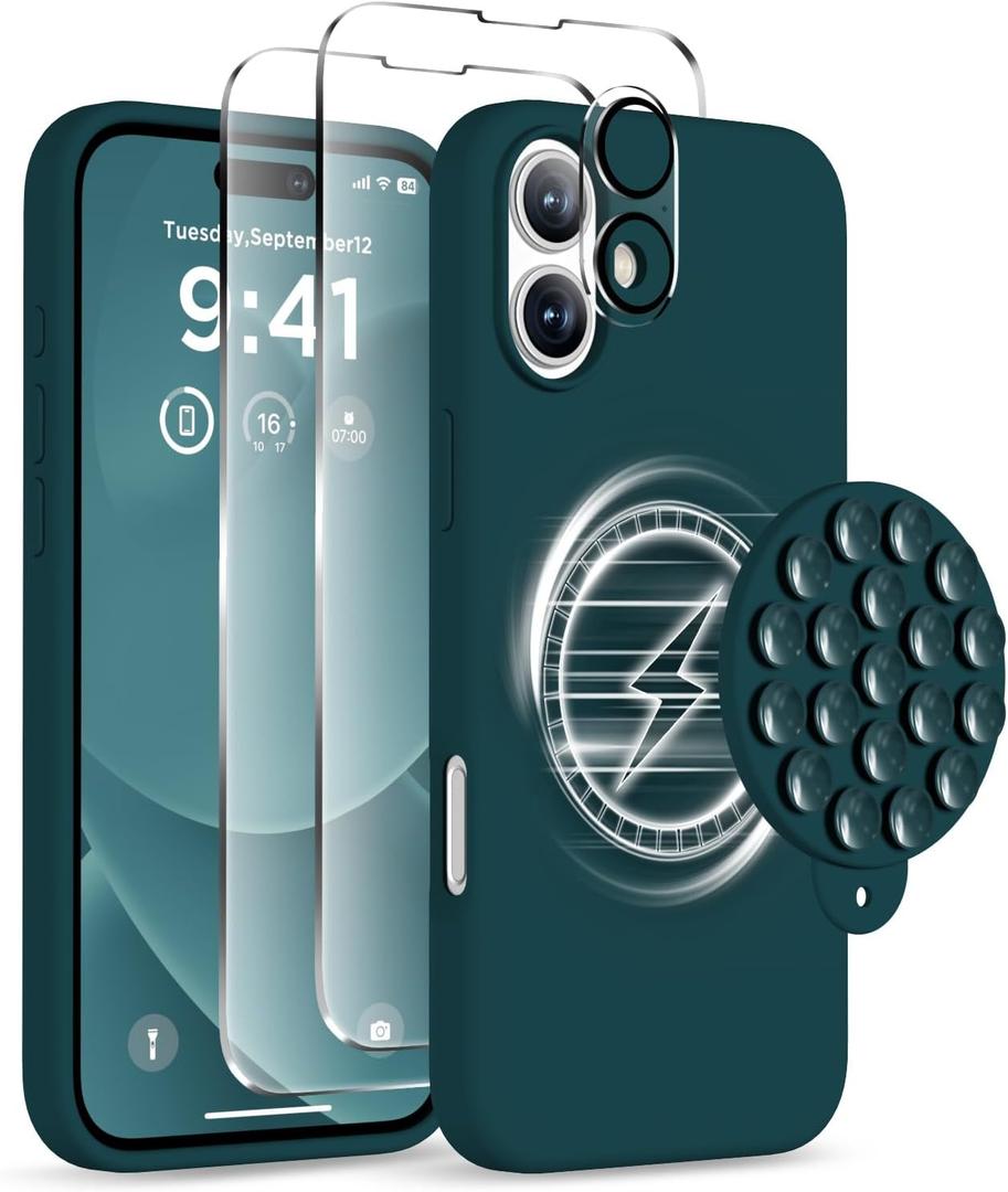 Magnetic for iPhone 16 Plus Case, Compatible with Magsafe, Suction Cup Phone Mount - 2 Screen Protectors - Camera Lens Protector, Silicone Shockproof Protective Phone Cover 6.7", Dark Green