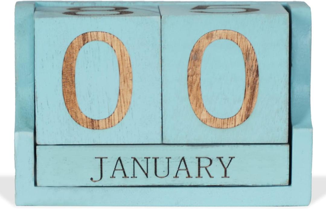 Wooden Desk Calendar,Desk Calendar Blocks for Teachers,Office Perpetual Date Block Small Home Desktop Decor Chic Vintage Month with Number Cubes Display Rustic Decoration(Ocean Blue)