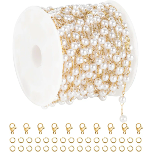 UMAOKANG 16.4 Feet Faux Pearl Chain for Jewelry Making Gold Plated Stainless Steel Chain Link with Jump Rings and Lobster Clasps