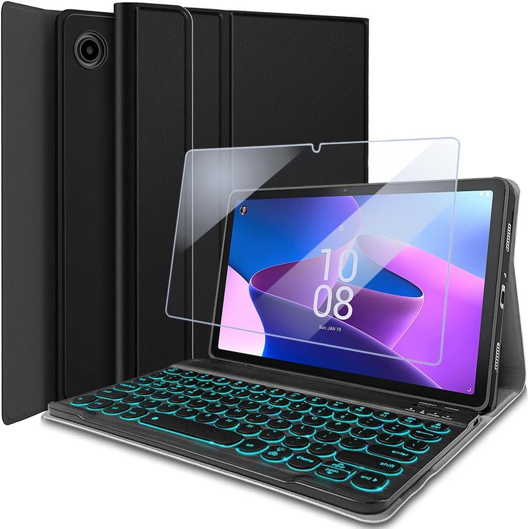 Backlit Keyboard Case with Screen Protector for Lenovo Tab M10 Plus 3rd Gen (2022) 10.6 Inch, 7 Colors Light Detachable Wireless Keyboard Slim Stand Cover with Tempered Glass Screen Protector