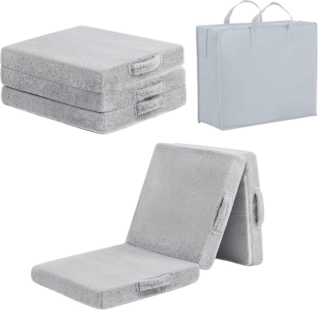 Tiita Foldable Floor Mattress for Kids -Trifold Nap Mat for Daycare with Storage Bag, Portable Toddler Travel Mattress Kids Floor Mat for Camping & Guest Use, Playroom, Plush Grey (65"L x 24"W x 3"Th)