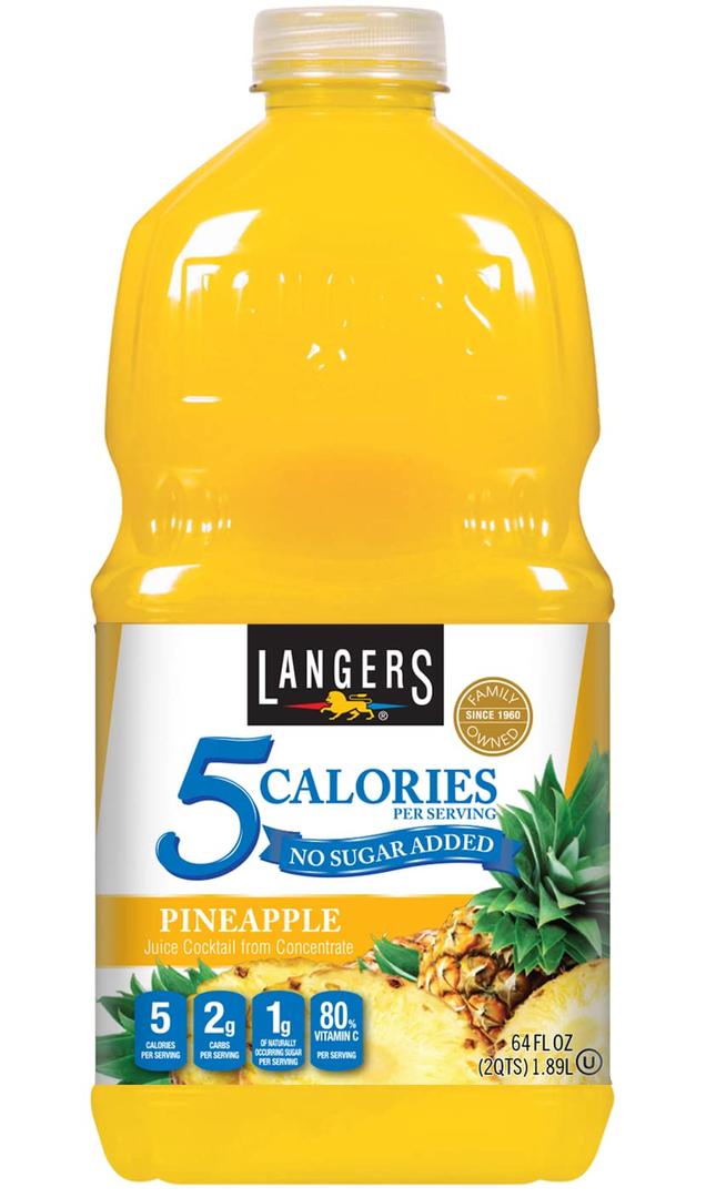 Langers 5 Cal Pineapple Juice Cocktail, 64 Fl Oz (Pack of 8) (EXP 07/23/26)