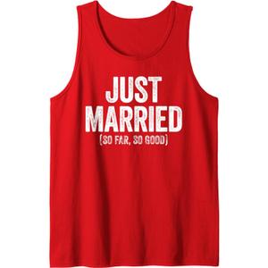 Just Married So Far So Good Shirt Newlywed Bride and Groom Tank Top (Small, Black)