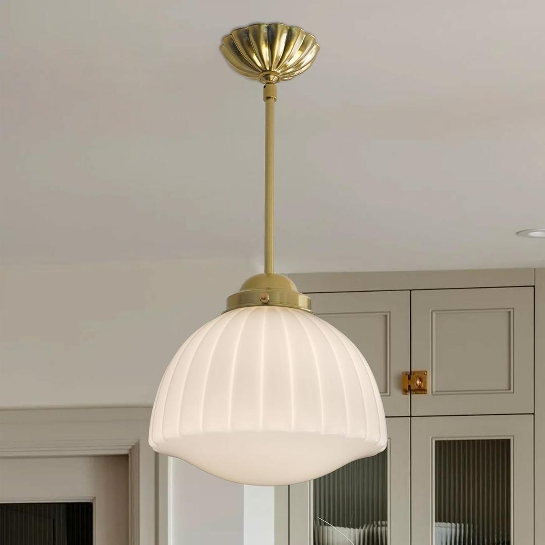 Milk Glass Pendant Light 11" Brass Semi Flush Mount Pendant Light Fixture