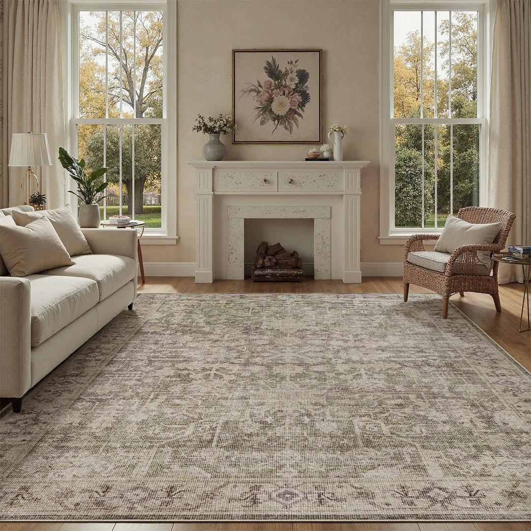 DCX Washable 9x12, Kid & Pet Friendly with Rubber Back Non Slip, Stain Resistant Vintage Rug for Living Room, Bedroom, Home Office, Soft Low Pile Large Farmhouse Distressed Carpet, Greige (Greige& Dark Green)