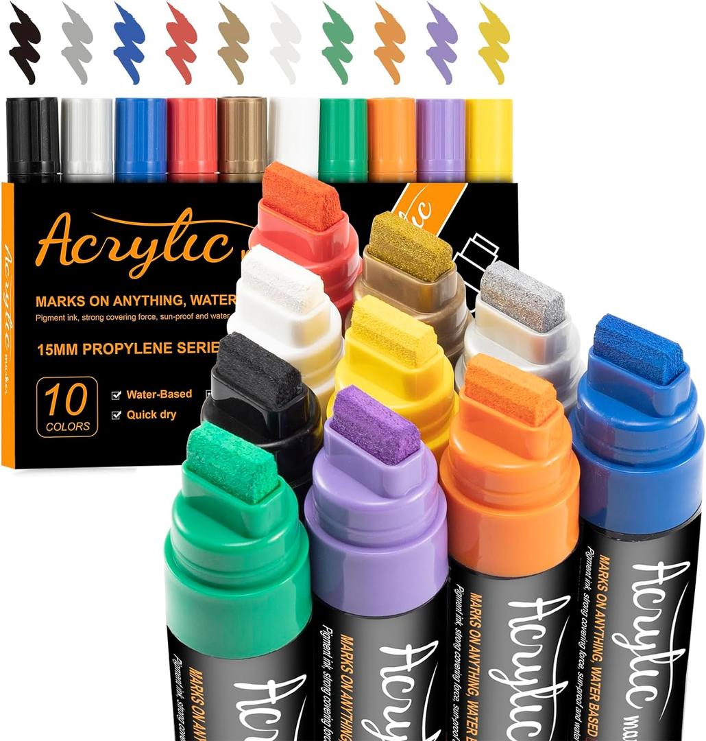 Graffiti Markers Paint Markers 15mm Jumbo Felt Tip 10 Pack Colored Tagging Markers Graffiti Supplies Acrylic Paint Markers Pens for Plastic, Wood, Rock, Metal and Glass Permanent Marking (10)