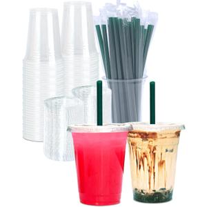 16 oz Clear Plastic Cups with Lids and STRAWS, Disposable Drinking Cups for Cold Drinks, Iced Coffee, Milkshakes, Smoothies, 25 Sets