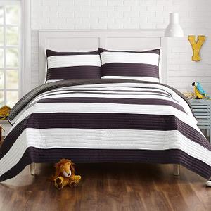 URBAN PLAYGROUND All Seasons Lavelle Black/White Stripe Quilt Set - 2 Piece Lavelle Black White Microfiber Kids Bedding Set, Lightweight, Machine Washable - Twin Size